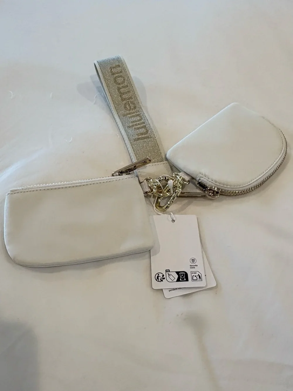 NWT Lululemon Dual Pouch Wristlet Metallic Wordmark Light Ivory Gold Cream